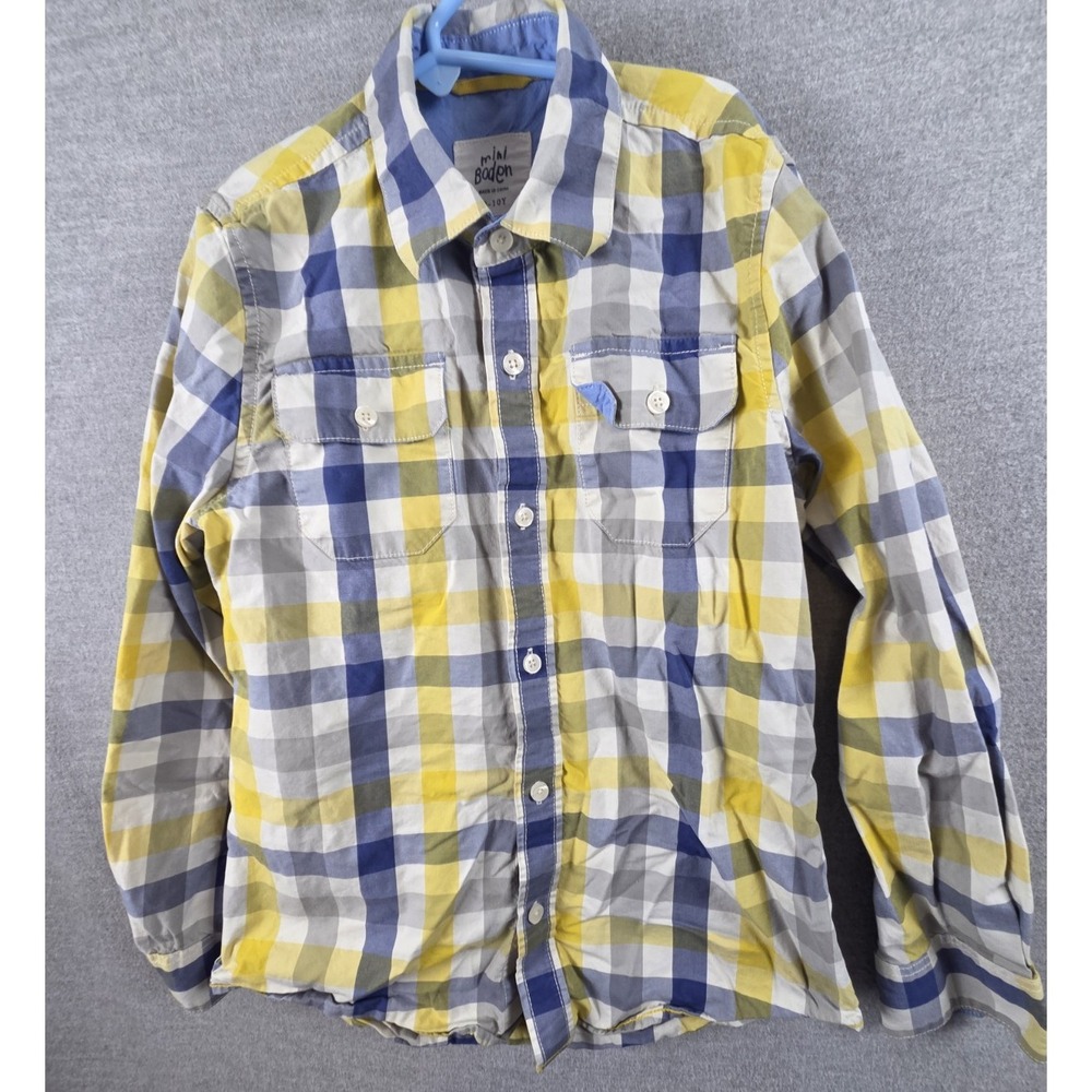 Mini Boden Boys 10 Blue Yellow Check Long Sleeve Shirt Western Flap Pockets